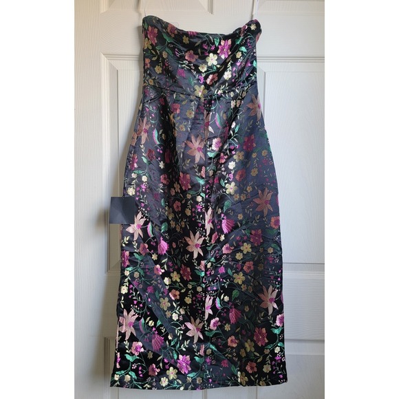 NWT Lulus Make A Move Black Satin Floral Jacquard Strapless Midi Dress Small - Picture 5 of 11